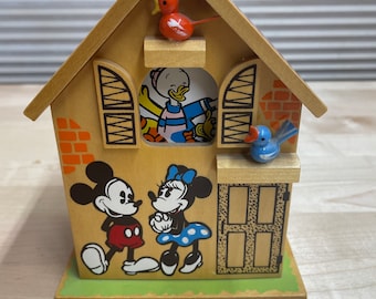 Super seltene Schmid Spieluhr aus Holz, Mickey & Minnie Mouse, spielt ihre kleine Welt, 1980er Jahre