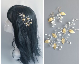 Wedding headpiece for bride gold bridal headpiece crystal hair piece pearl hair pins rose gold hair vine gold leaf hair comb rhinestone pins