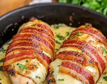 Bacon Wrapped Stuffed Chicken Breast Recipe (Printable Instant Download)
