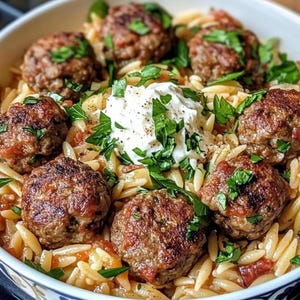 MELHOR RECEITA Para Almôndegas Mediterrâneas com Orzo de Tomate Seco e Feta Cremoso Batido | Para Imprimir | Download Instantâneo
