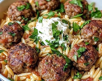 Mediterranean Meatballs Recipe: Sun-Dried Tomato Orzo, Whipped Feta (Printable Instant Download)
