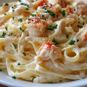 May include: A close-up of a plate of creamy pasta with crab meat and parsley. The pasta is white and the crab meat is pink. The parsley is green.