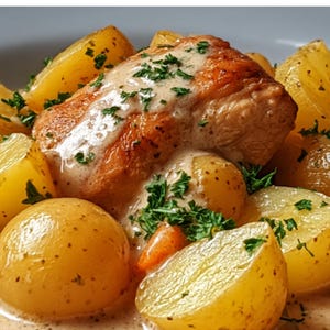 Puede incluir: Primer plano de un plato cocinado con un trozo de carne dorada, cubierto con una salsa cremosa, rodeado de patatas doradas y adornado con hierbas verdes frescas. La comida se presenta en un cuenco poco profundo.