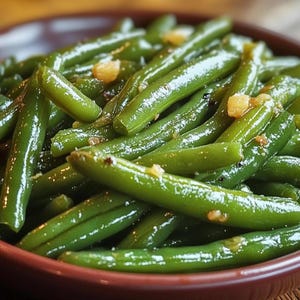 Op de afbeelding: Een close-up van een kom met groene bonen met knoflook en peper. De bonen zijn gekookt en glanzen.