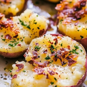 以下が含まれることがあります： カリカリのベーコン、刻んだパセリ、黒胡椒を添えた焼き芋のクローズアップ。サツマイモは割れていて、柔らかくふわふわの内部が見えます。