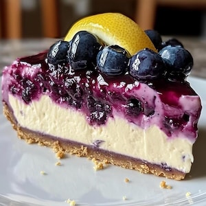 No-Bake Lemon Blueberry Mousse Cheesecake Recipe (Printable)