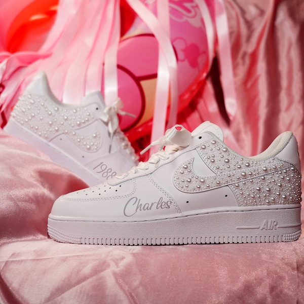 Wedding shoes,Custom air force 1,White Pearl Wedding Shoes,Bridesmaid Shoes,You can add your own name to the shoes