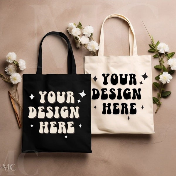 White and black tote bag mockup, small tote bag mockup, simple black tote bag mockup, white Canvas tote bag mockup bundle, 2 tote bag mockup