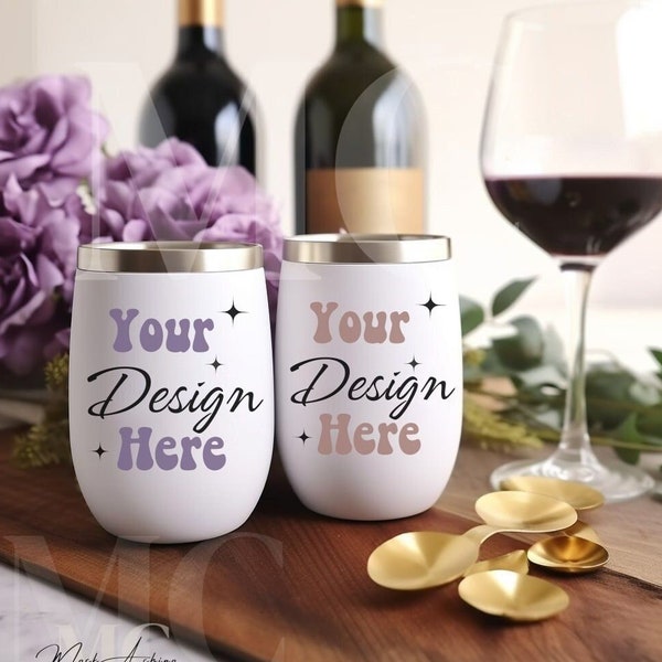 Two white wine tumblers Mockup, Festive Bachelorette Wedding party Mockup, small 12oz Wine Tumbler, customizable printify wine tumbler