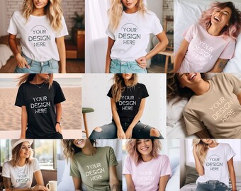 10 Bella 3001t mockup bundle, shop section bundle, boho tshirt mockup bundle, natural colors mockup bundle, Pink black green model mockup