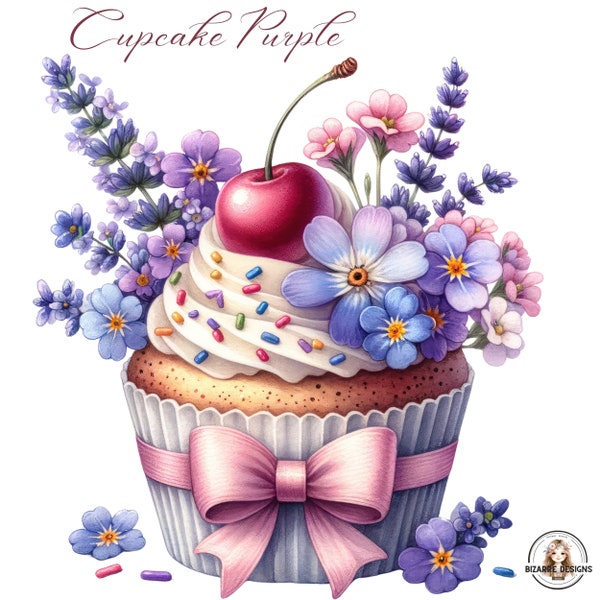 Spring Flowers Cupcake Clipart,Lavender Cupcake,- 20 High Quality PNGs, Memory Book, Junk Journals, Scrapbooks, Digital Planners,Sublimation