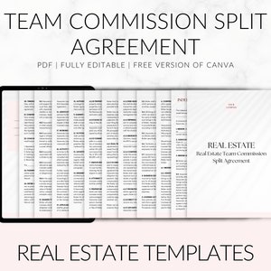 Puede incluir: Una plantilla digital de acuerdo de división de comisiones de equipo inmobiliario. El documento se muestra en una tableta y una página impresa. El texto incluye "Team Commission Split Agreement" y "Real Estate Templates."