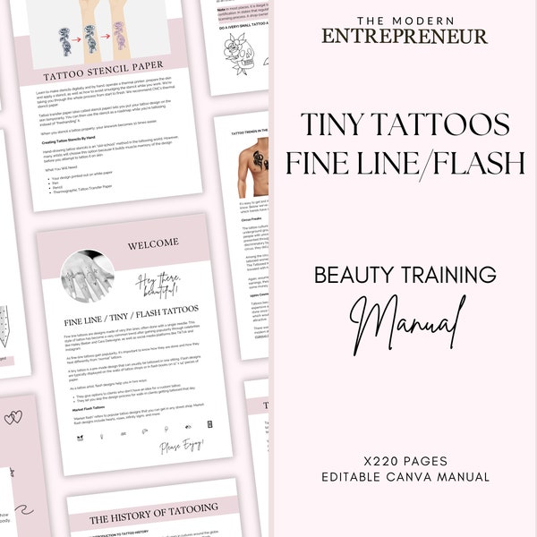 Tiny Tattoo Manual, Fine Line Tattoos, Flash Tattoos, Training Manual, Training Guide, Student Class Pack, Edit in Canva