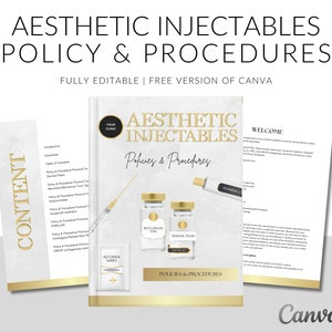 May include: A white and gold document with the title "Aesthetic Injectables Policies & Procedures" and the text "Welcome" and "Content". The document is a template for a medical practice.
