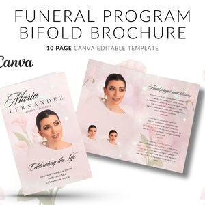 10 Page Funeral Memorial Booklet, Bi-Fold Funeral Program, Obituary Template, Celebration of Life, Keepsake, SOFT PINK, Printable, Editable