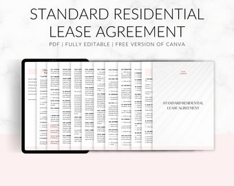 May include: A digital tablet displaying a standard residential lease agreement template. The template is fully editable and free to use with Canva. The text "STANDARD RESIDENTIAL LEASE AGREEMENT" is displayed in black text on a white background.