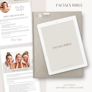 Peut inclure: Une tablette numérique et des documents imprimés avec le titre "FACIALS BIBLE". La tablette affiche le même titre avec une icône de cœur. Des pages supplémentaires traitent des soins de la peau, des soins du visage et de leur étude. Le guide compte 224 pages.