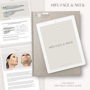 May include: A digital tablet and printed documents with the text "HIFU FACE & NECK". The tablet displays the same text with a heart icon. The documents show diagrams and text related to the HIFU procedure. The cover reads "The Modern Entrepreneur".