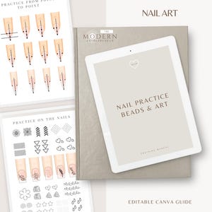 May include: A digital nail art training manual with the title "NAIL PRACTICE BEADS & ART" on a tablet. The image also shows practice guides with nail art designs and instructions, including "PRACTICE FROM POINT TO POINT" and "PRACTICE ON THE NAILS".