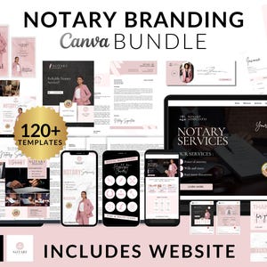 Op de afbeelding: Een Canva-bundel voor notarisbranding met meer dan 120 sjablonen, inclusief een website. De afbeelding toont een verscheidenheid aan sjablonen, waaronder social media-berichten, visitekaartjes en een websiteontwerp. De sjablonen zijn roze en wit met een modern ontwerp.