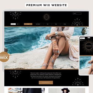 May include: A website design displayed on a tablet and smartphone. The website features a black background with gold accents and a photo of a person wearing jewelry. The text "PREMIUM WIX WEBSITE" and "DESIGNED IN WIX" are visible.