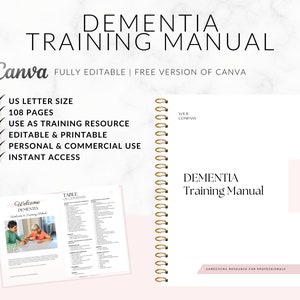 Può includere: Un manuale di formazione digitale rosa e bianco per l'assistenza alla demenza con il titolo "Dementia Training Manual" e il testo "Caregiving Resource for Professionals". Il manuale ha una rilegatura a spirale dorata e un indice.