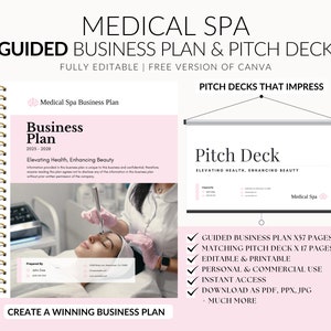 May include: A pink and white business plan and pitch deck template for a medical spa. The template includes a guided business plan with 57 pages and a matching pitch deck with 17 pages. The template is editable and printable and can be used for personal or commercial use. It includes instant access and can be downloaded as a PDF, PPX, or JPG. The template also includes much more.