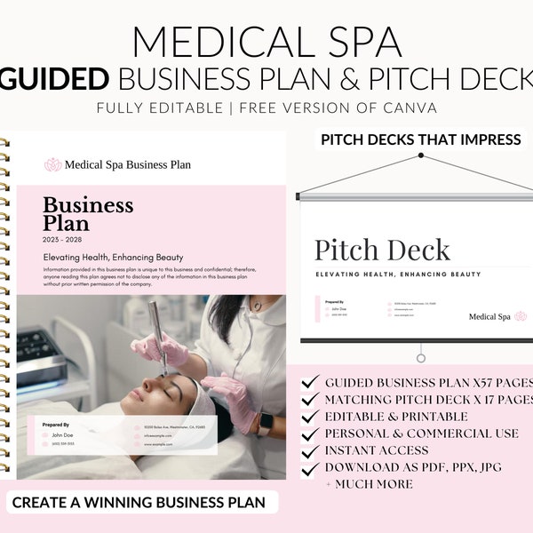 MEDSPA Guided Business Planner and Pitch Deck, Medical Spa Professional Business Plan Template, Edit in Canva