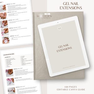 Może przedstawiać: Beżowa instrukcja szkoleniowa i tablet z napisem "GEL NAIL EXTENSIONS" oraz logo "The Modern Entrepreneur". Instrukcja zawiera instrukcje krok po kroku i listę wyposażenia. Tablet wyświetla również słowa "GEL NAIL EXTENSIONS".