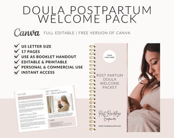 May include: A pink and white welcome packet for a postpartum doula. The cover features a photo of a woman holding a baby. The text on the cover reads "Postpartum Doula Welcome Packet" and "Rest. Revitalize. Empower." The packet is 17 pages long and can be used as a booklet handout. It is editable and printable and can be used for personal and commercial use.