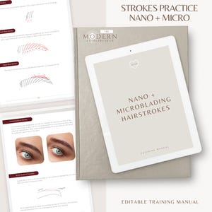 Puede incluir: Un manual de formación y hojas de práctica para trazos de cabello nano y microblading. La portada del manual es de color beige claro con el texto "NANO + MICROBLADING HAIRSTROKES". Las hojas de práctica muestran técnicas y diagramas de trazos de cejas.