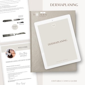 May include: A digital tablet and printed materials with the text "DERMAPLANING" and "EDITABLE CANVA GUIDE". The tablet displays a heart icon and the words "DERMAPLANING TRAINING MANUAL". The printed materials include scalpel diagrams and a student guide.