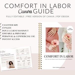 Komfort in Arbeit, Doula-Klienten-Handout, Arbeitspositionen, Komfortmaße, Mütter, Doulas, Hebammen, Geburtshelfer, in Canva bearbeiten