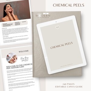 May include: A digital training manual titled "Chemical Peels" with a light beige cover, displayed on a tablet. The image includes a woman with her hands on her face, and two printed guides. The text on the tablet reads "Chemical Peels".