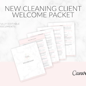 May include: A set of printable documents for a new cleaning client welcome pack. The documents are fully editable and feature a marble background with a pink and white colour scheme. The text "Welcome Packet" is visible on the documents.