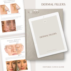 May include: A digital tablet and printed guides on a light beige background. The tablet displays "DERMAL FILLERS" and a heart icon. The guides cover topics like non-surgical rhinoplasty and midface hollowing. The text "EDITABLE CANVA GUIDE" is also visible.