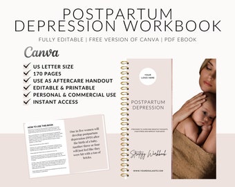 Cahier d'exercices PPD, classeur modifiable sur la dépression post-partum, guide PPD, doula post-partum, post-partum, santé mentale, doula business, modifier sur Canva