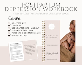 Cahier d'exercices PPD, classeur modifiable sur la dépression post-partum, guide PPD, doula post-partum, post-partum, santé mentale, doula business, modifier sur Canva