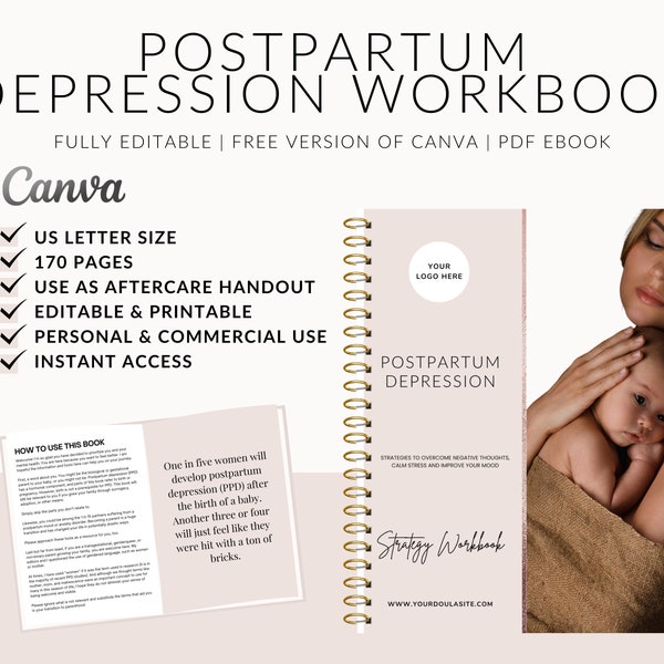 PPD Workbook, Editable Postpartum Depression Workbook, PPD Guide, Postpartum Doula, Postpartum, Mental Health, Doula Business, Edit in Canva