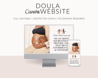 May include: A mockup of a website for a doula service. The website is displayed on a computer screen and a mobile phone. The website features a photo of a pregnant woman with flowers on her belly and text that reads "Doula Services in your city. We go above and beyond to provide care that truly nourishes you and your baby."