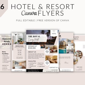 Sjablonen voor hotelflyer, bewerkbaar, afdrukbaar, hotelbedrijf, hotelmarketing, hotelpromoties, hotelpromopakket, bewerken in canva