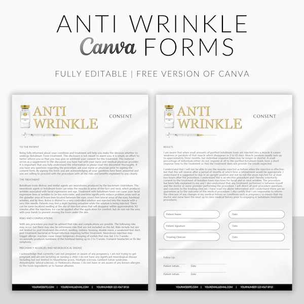 Anti Wrinkle Consent Forms, Botox, Neurotoxins, Botulinum, Aesthetics Clinic Documents, Customizable, Add your logo, Edit in Canva