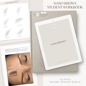 Manual de capacitación de Nano Brows: Cuaderno de ejercicios para estudiantes, plantilla editable de Canva (descarga digital)