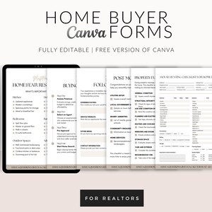 Può includere: Un set di moduli stampabili per acquirenti di case, progettati per l'uso con Canva. I moduli includono liste di controllo per le caratteristiche della casa, l'acquisto, il follow-up, il post-trasloco, la valutazione della proprietà e la ricerca di case. I moduli sono in uno stile minimalista con uno sfondo grigio chiaro e testo nero.