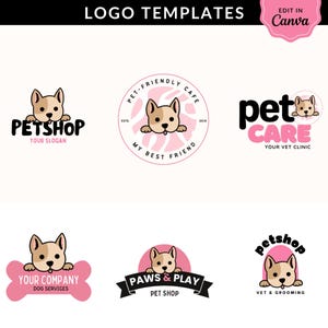 Könnte beinhalten: Sechs verschiedene Logo-Vorlagen für ein Tiergeschäft oder ein Tierpflegeunternehmen. Jedes Logo zeigt einen Cartoon-Hund mit rosa und schwarzen Akzenten. Die Logos enthalten Text wie "Pet Shop", "Your Company", "Paws & Play", "Pet Care" und "Vet & Grooming".
