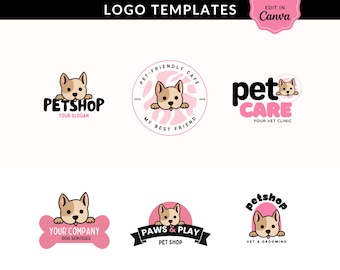 May include: Six different logo templates for a pet shop or pet care business. Each logo features a cartoon dog with pink and black accents. The logos include text such as "Pet Shop", "Your Company", "Paws & Play", "Pet Care", and "Vet & Grooming".