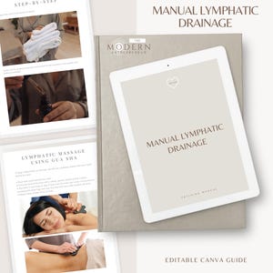 Puede incluir: Una guía digital titulada "Drenaje Linfático Manual" en una tableta, con instrucciones e imágenes paso a paso. La guía incluye información sobre masaje linfático con Gua Sha. La portada presenta el texto "The Modern Entrepreneur".