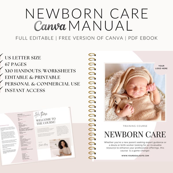 Newborn Care Course, Newborn Care Training Manual, Worksheets, Baby Education, Baby Class, Doula Handouts, Postpartum Doula, Edit in Canva