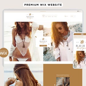 May include: A website design for a boho boutique, displayed on a tablet and smartphone. The website features images of women in bohemian clothing and accessories. The design includes the boutique's logo and navigation menu. The text "Premium Wix Website" is at the top.