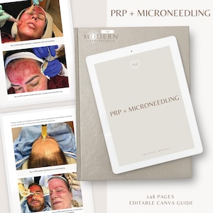 Pode incluir: Um manual de treinamento digital intitulado "PRP + Microneedling" com o logotipo "The Modern Entrepreneur" é exibido em um tablet. O manual é acompanhado por imagens do procedimento. O texto "148 páginas, Guia Canva editável" também é visível.